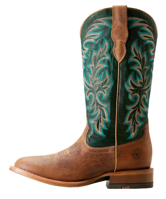 Tan Leather Vamp, Green Leather Shaft With Contrast Western Stitching And Leather Pull Tabs For Easy On