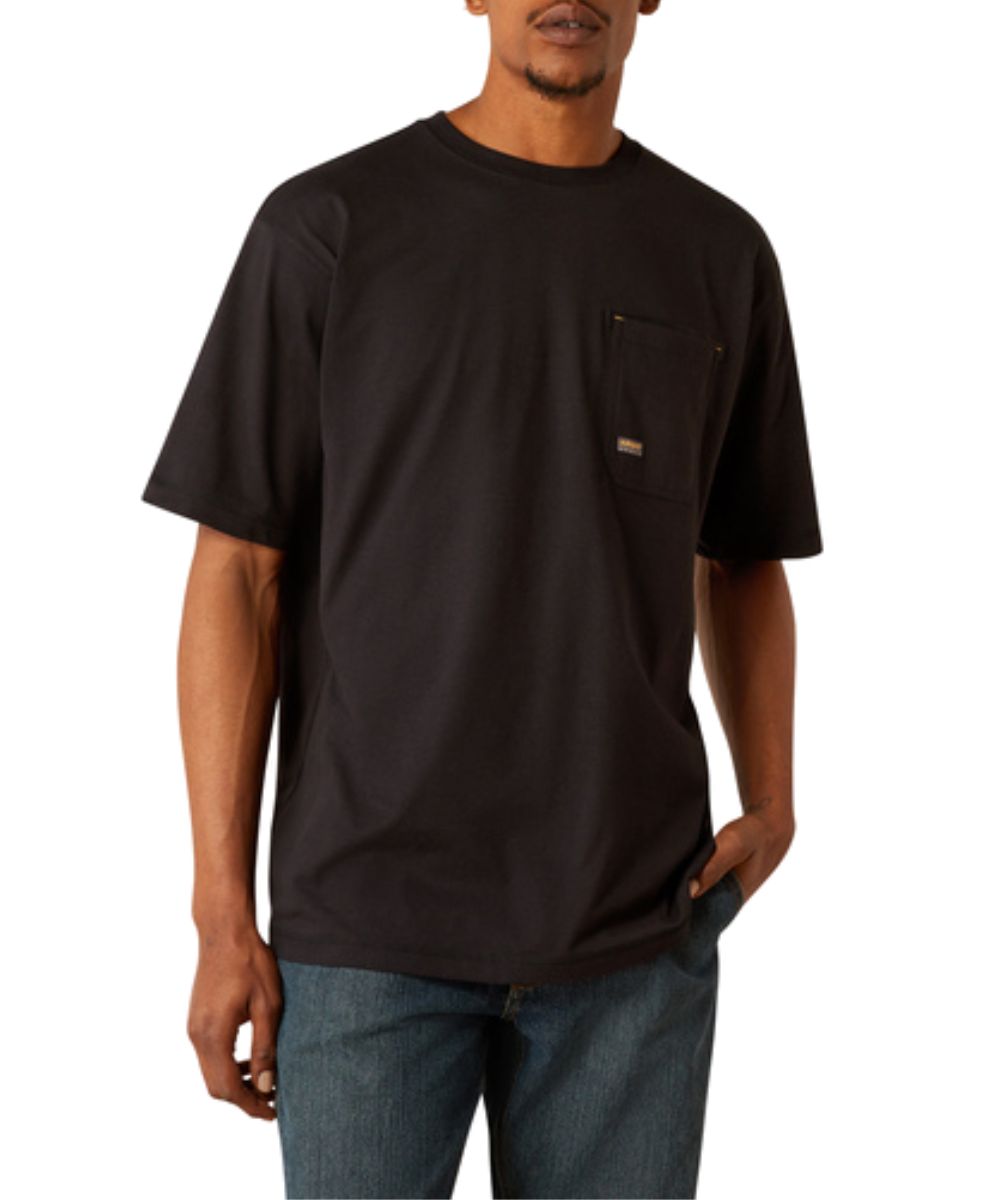 Front view of the men's black Ariat Rebar short sleeve tee featuring the single open chest pocket with a hidden pen slot, vented mesh panels, and stain repellence