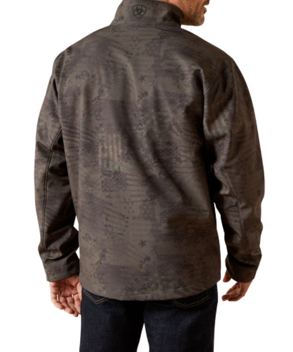 Back view of the men's long sleeve americana camo print water and wind resistant jacket