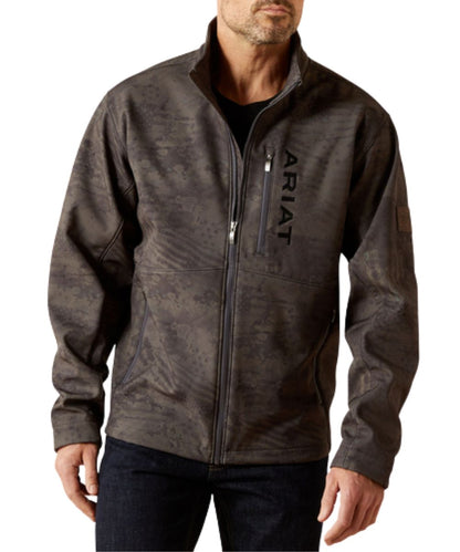 Front view of the men's lightweight patriot flag softshell jacket in phantom