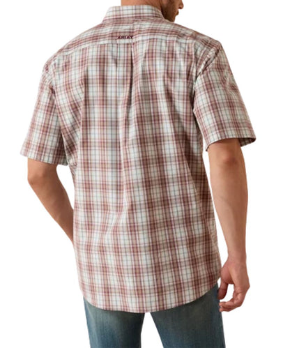 Back view of the men's maroon banner plaid print button down shirt featuring the breathable straight back yoke with a box pleat and mesh lining, and extra length in the body and sleeves