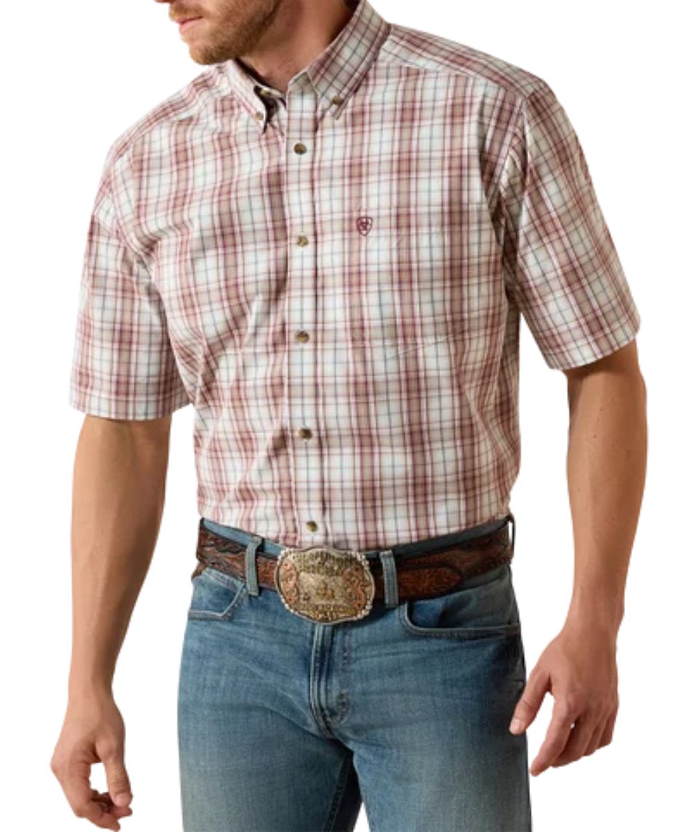 Front view of the men's maroon plaid Ariat Pro Series button down shirt featuring the short sleeves, classic fit, button down collar, chest pocket with hidden pen slot, and banner plaid print