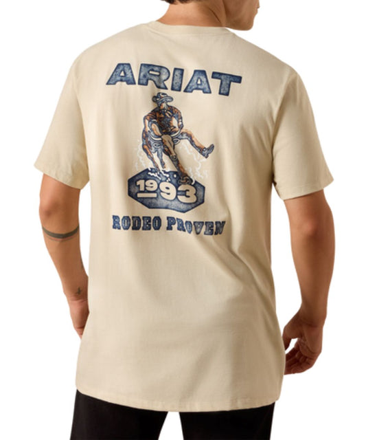 Men's Natural Graphic Tee With A Rodeo Proven Screen Print On The Back Featuring A Bulldogging Graphic