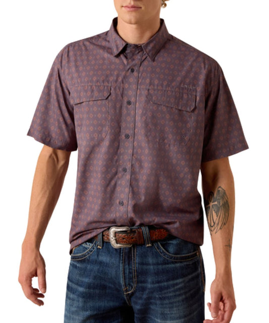 Men's Black Short Sleeve Button Down Shirt Featuring An Aztec Print