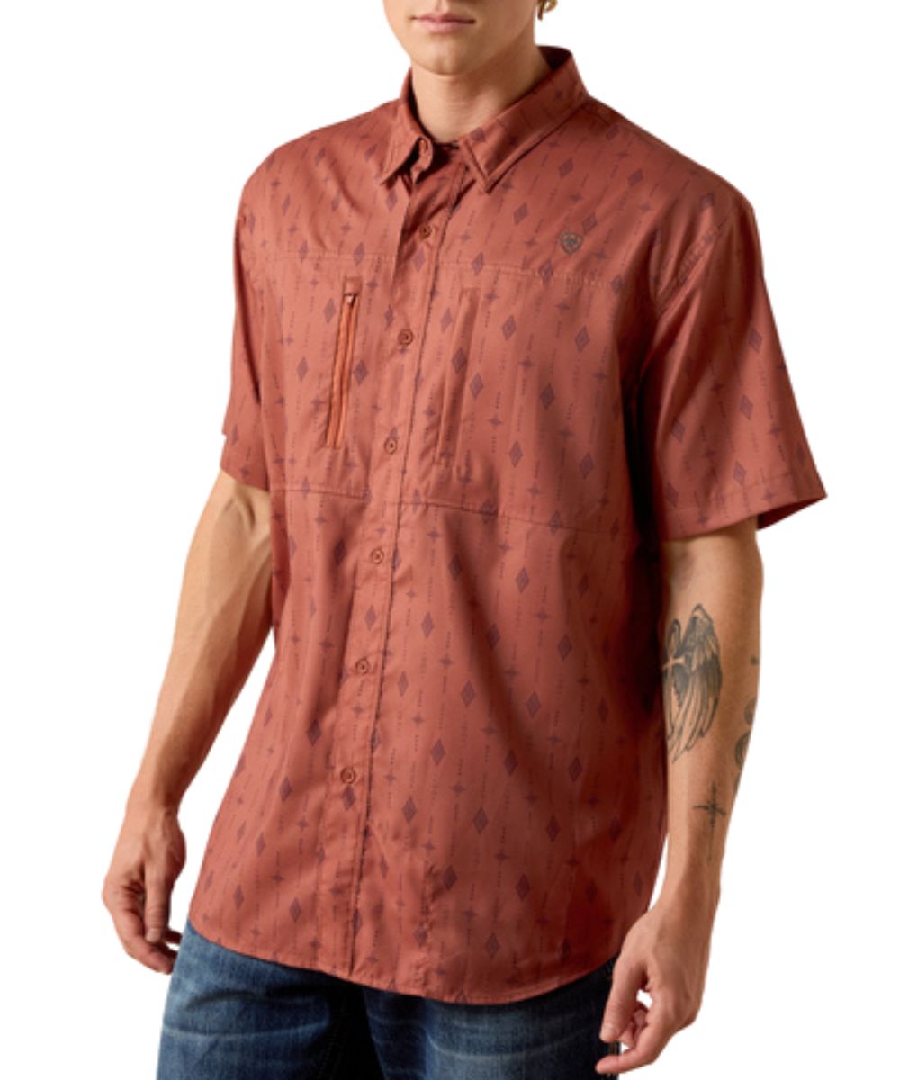 Men's Classic Fit Geometric Print Copper Brown Short Sleeve Button Down Shirt