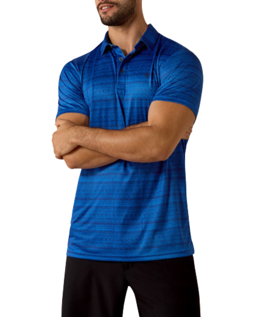 Men's Fitted Blue Quartz Short Sleeve Polo Shirt Featuring A Tribal Stripe Print