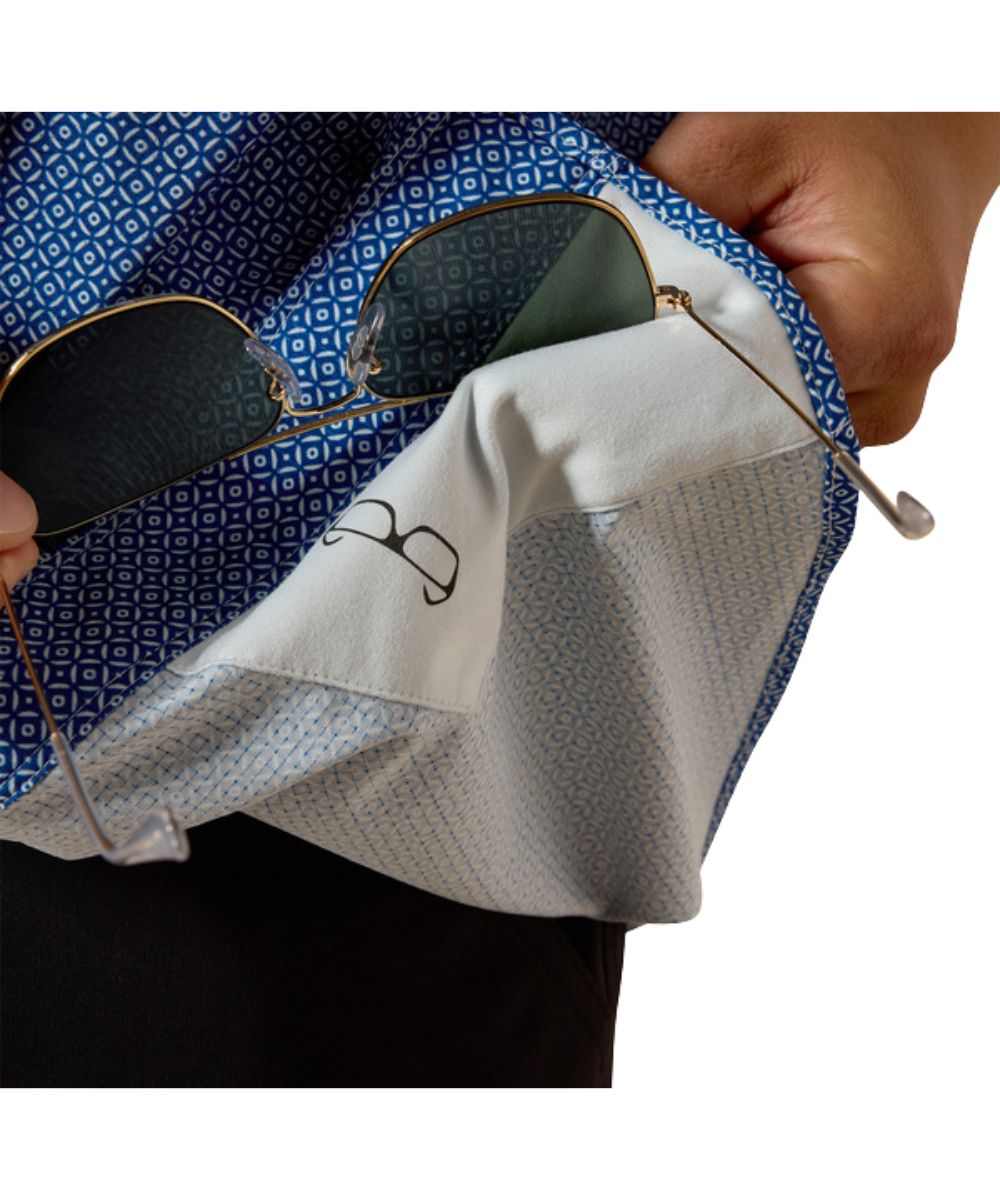Close-up view of the microfiber lens cloth hidden in the hem for on-the-go cleaning