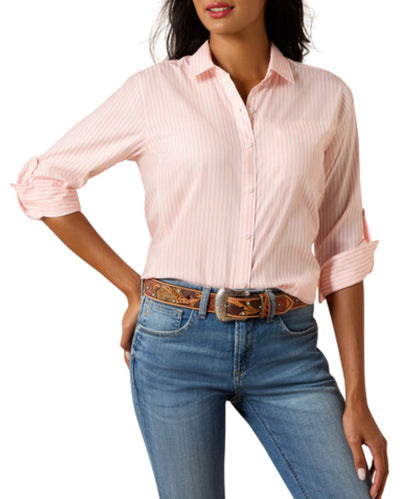 Women's Peach/White Striped Long Sleeve Button Down Shirt