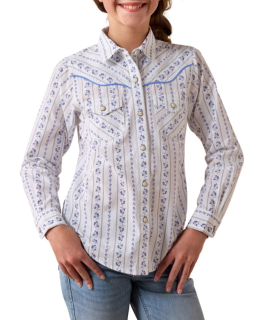 Girl's White Long Sleeve Western Snap Shirt Featuring A Blue Blossom Floral Stripe Print