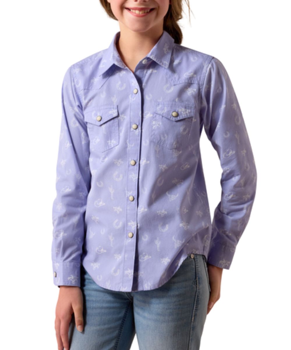 Girl's Lavender Long Sleeve Snap Shirt Featuring A Geometric Western Motif Print