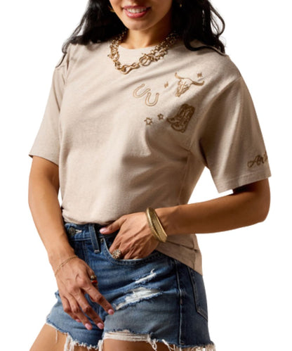 Women's Boyfriend Fit Short Sleeve Tee Featuring Western Emblem Embroidery On The Chest