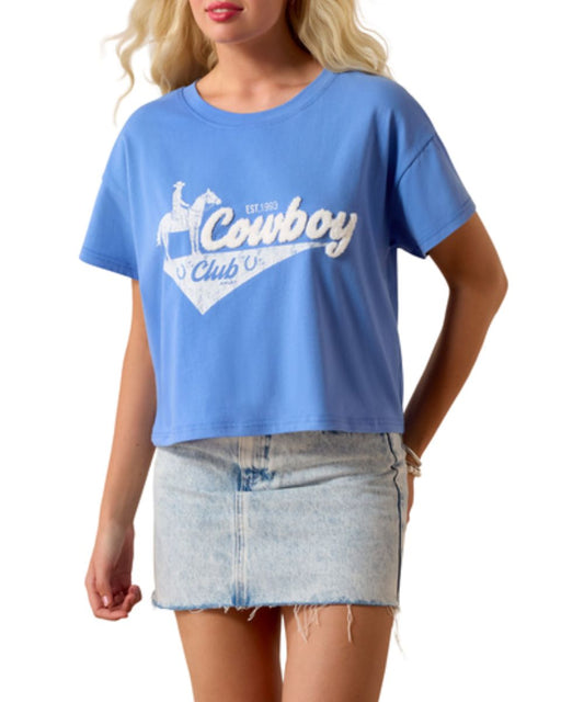 Women's Blue Cowboy Club Tee Featuring Chenile Front Embroidery