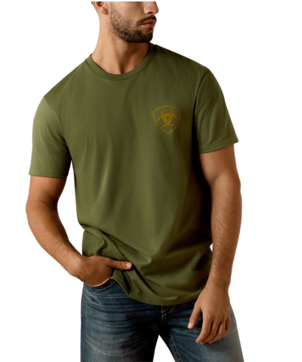 Front view of Ariat graphic tee with Ariat logo screen print on left chest. 