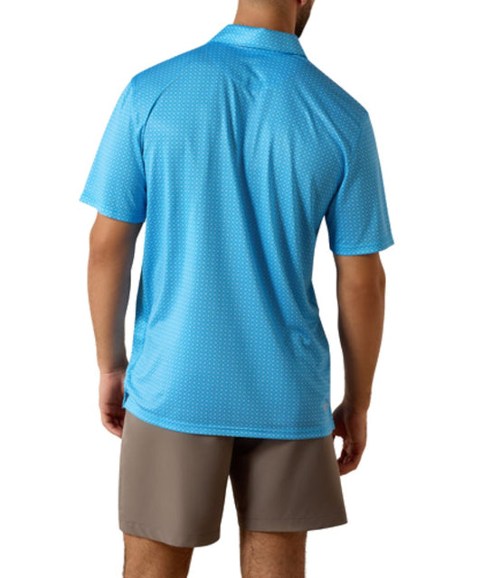 Men's Ibiza Blue Short Sleeve Polo Shirt Featuring An All-Over Mini White Geometric Print
