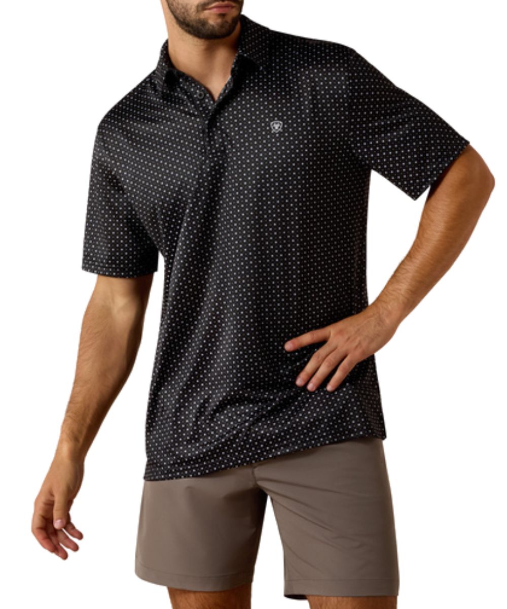 Men's Black Short Sleeve Polo Shirt Featuring A Mini Star Geometric Print