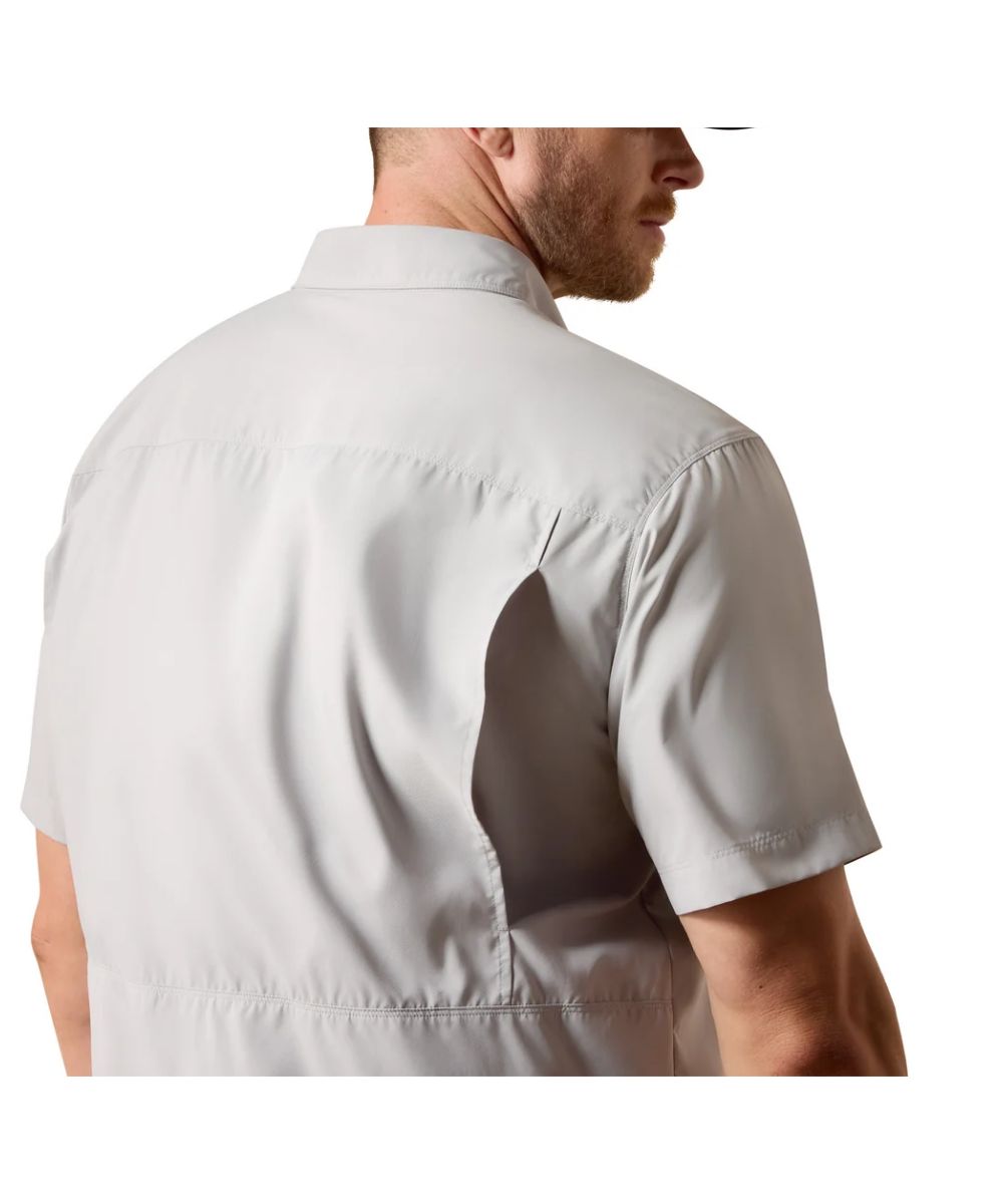 A man shown from the back wearing a light gray short-sleeve button-up shirt, photographed against a plain white background.