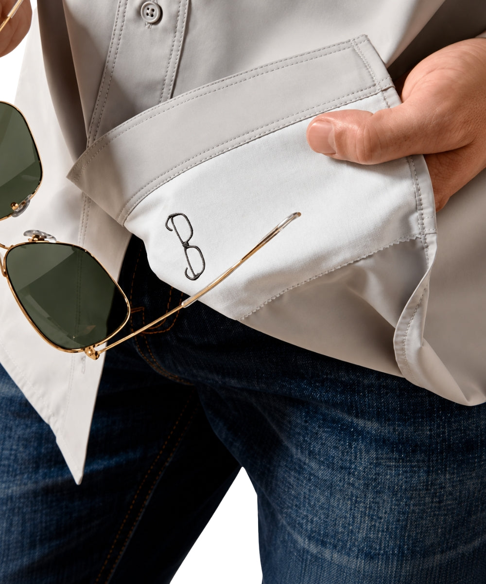 Ariat Men's VentTEK Outbound Light Grey Button Down Shirt glasses white on white background