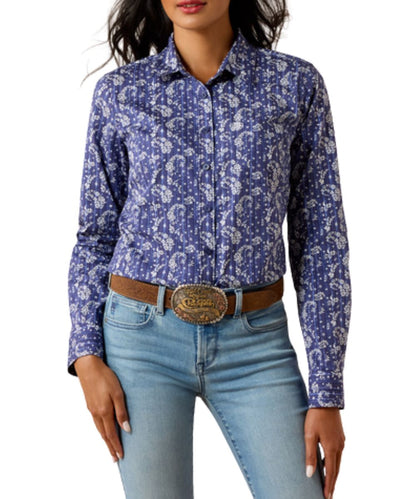 Women's Blue Long Sleeve Button Down Shirt Featuring A Floral Paisley Print