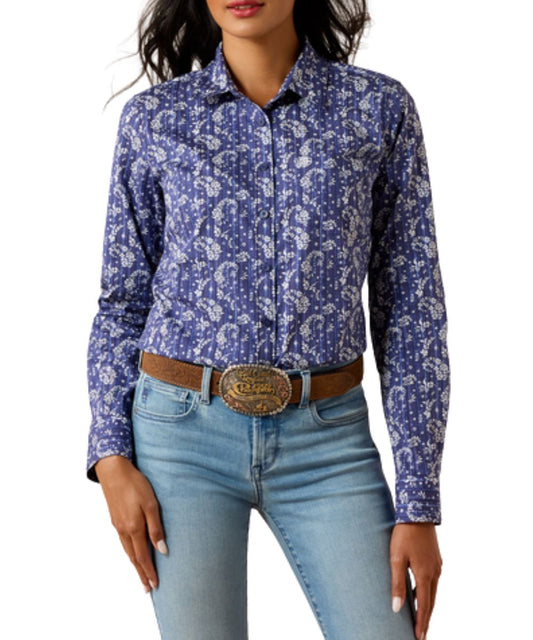 Women's Blue Long Sleeve Button Down Shirt Featuring A Floral Paisley Print