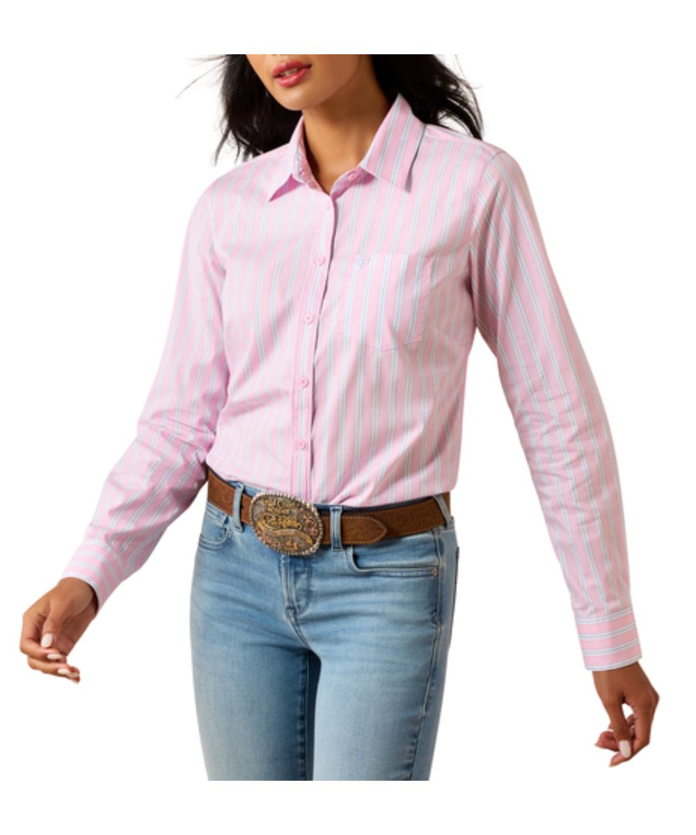 Women's Pink Long Sleeve Button Down Shirt Featuring A Lavender Stripe Print 