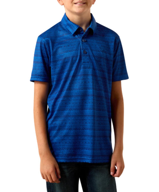 Boy's Blue Quartz Short Sleeve Polo Shirt Featuring A Tribal Stripe Pattern