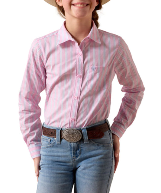 Girl's Pink Long Sleeve Button Down Shirt Featuring A Lavender Striped Print