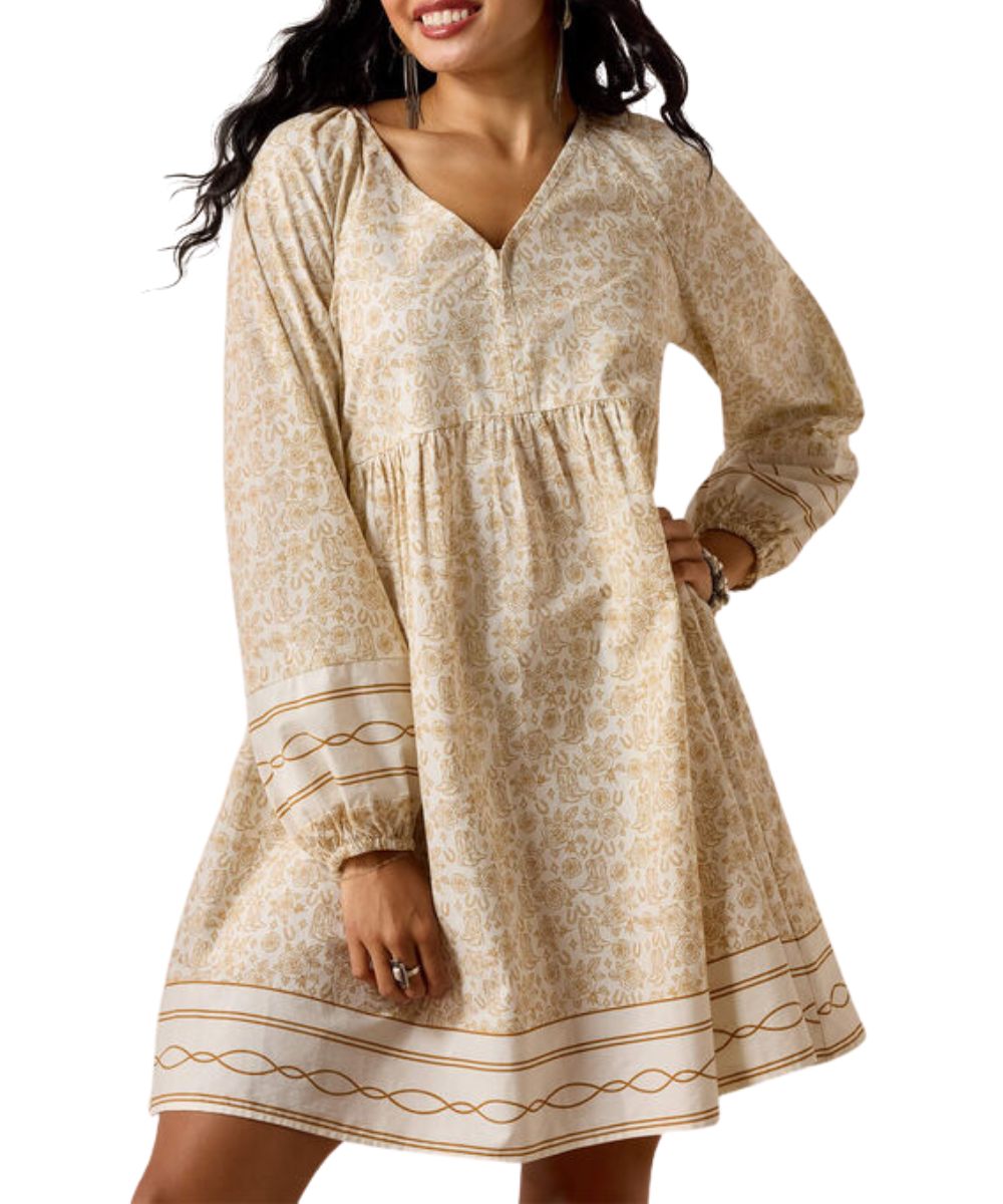 Women's A-Line Long Sleeve Dress Featuring A V-Neckline, Faux Buttons, Elastic Cuffs, And A Gold Boots 'N' Roses Geometric Print