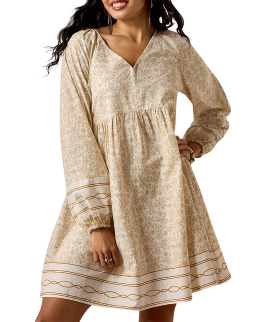 Women's A-Line Long Sleeve Dress Featuring A V-Neckline, Faux Buttons, Elastic Cuffs, And A Gold Boots 'N' Roses Geometric Print