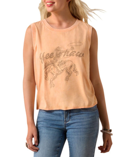 Women's Orange Tank Top Featuring A Front Screen Print That Reads: "Yeehaw" With A Bucking Horse Graphic
