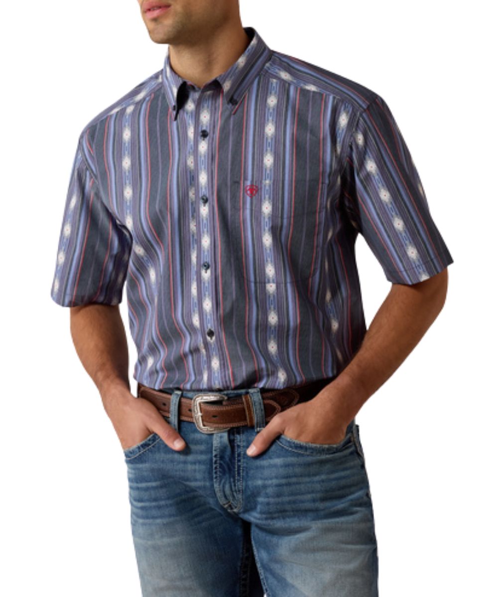 Men's Short Sleeve Button Down Shirt Featuring A Southwestern Stripe Print