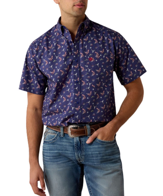 Men's Patriot Blue Fitted Short Sleeve Button Down Shirt Featuring An Americana Print