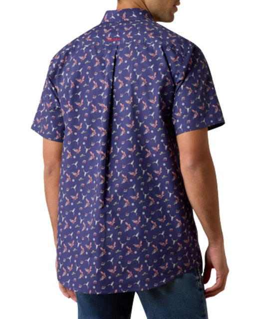 Men's Blue Short Sleeve Button Down Shirt Featuring A Straight Back Yoke With A Box Pleat