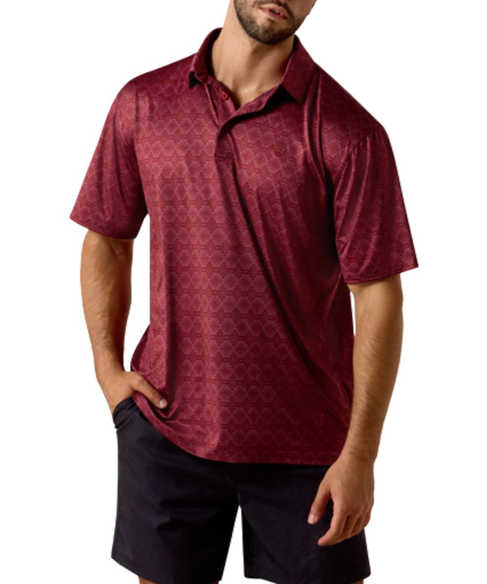 Men's Scarlet Heather Short Sleeve Polo Shirt Featuring A Southwest Stripe Design In A Classic Fit With Extra Length