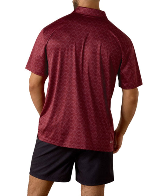 Back Side Of The Men's Scarlet Heather Polo Shirt Featuring ClimateTEK Technology To Keep You Cool, Odor Control, UV Protection, And Moisture Wicking Fabric
