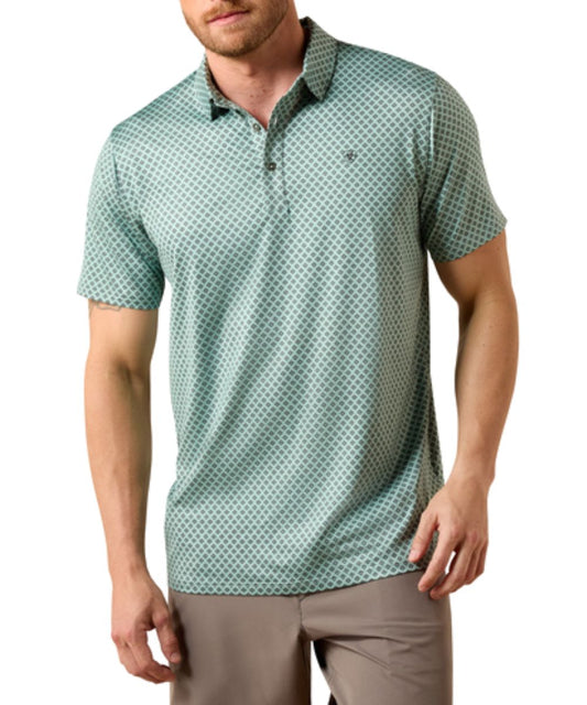 Front view of the men's fitted short sleeve polo shirt in a beach glass southwestern diamond print