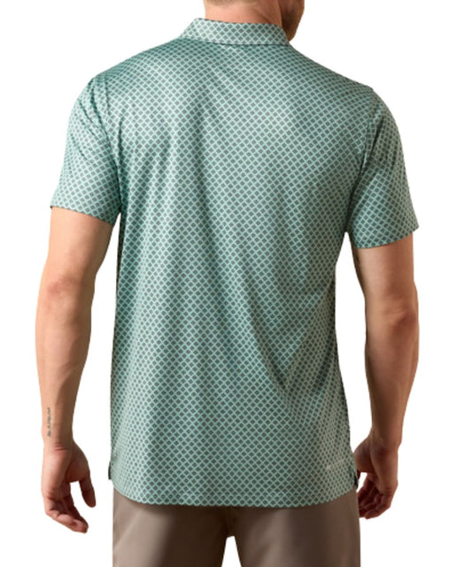 Back view of the men's beach glass southwest diamond printed polo shirt featuring UV protection and moisture wicking technology