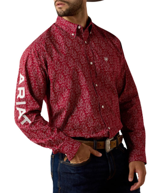 Men's Red Classic Fit Long Sleeve Button Down Shirt Featuring A White Scroll Geometric Print And White Logo Embroidery