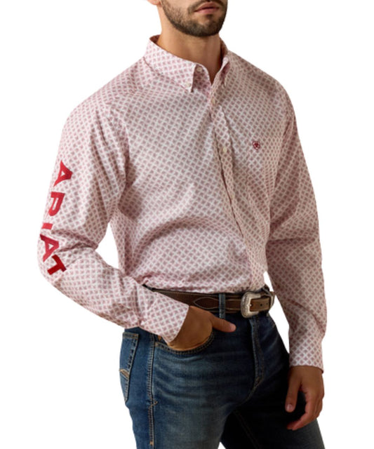 Men's White Fitted Long Sleeve Button Down Shirt With Red Geometric Print And Logo Embroidery