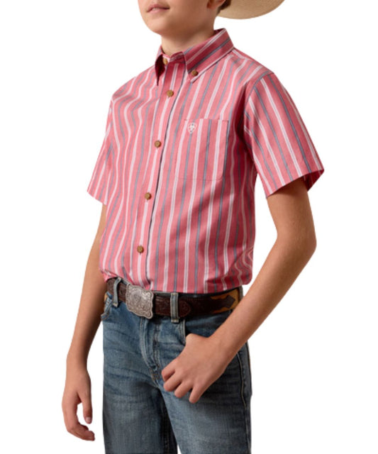 Ariat Boy's Short Sleeve Button Down Shirt Featuring A Vertical Striped Print In Hibiscus Red