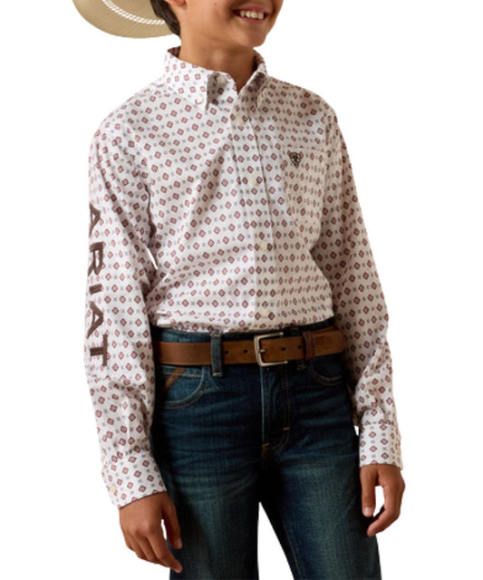 Boy's White Long Sleeve Button Down Shirt Featuring Ariat Team Logo Embroidery And A Black And Red Geometric Print