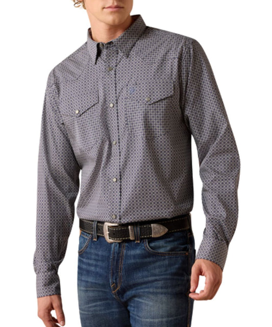 Men's Fitted Navy Geo Print Long Sleeve Western Snap Shirt
