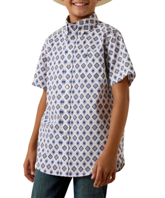 Boy's Short Sleeve Button Down Shirt Featuring A Blue Southwestern Geometric Print