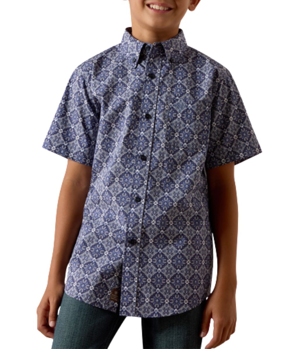 Boy's Blue Short Sleeve Medallion Print Button Down Shirt