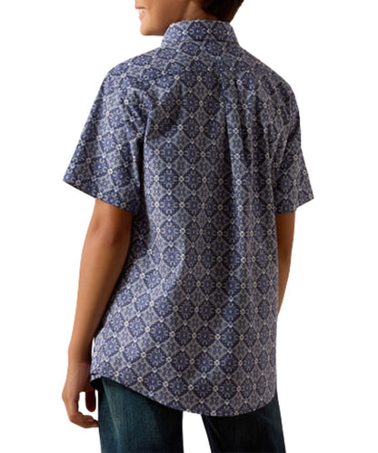 Boy's Short Sleeve Button Down Shirt With A Straight Back Yoke And Box Pleat