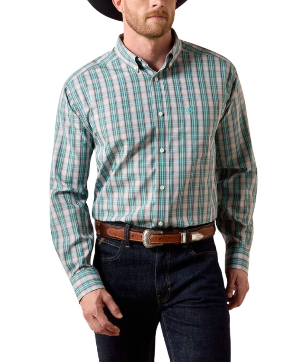 Front view of Cinch blue and turquoise plaid long sleeve button down shirt with single chest pocket.