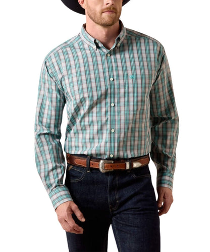 Front view of Cinch blue and turquoise plaid long sleeve button down shirt with single chest pocket.
