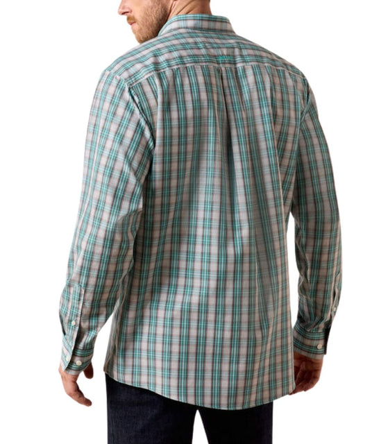 Back view of Ariat Classic Fit shirt with longer length and sleeves and straight back yoke.