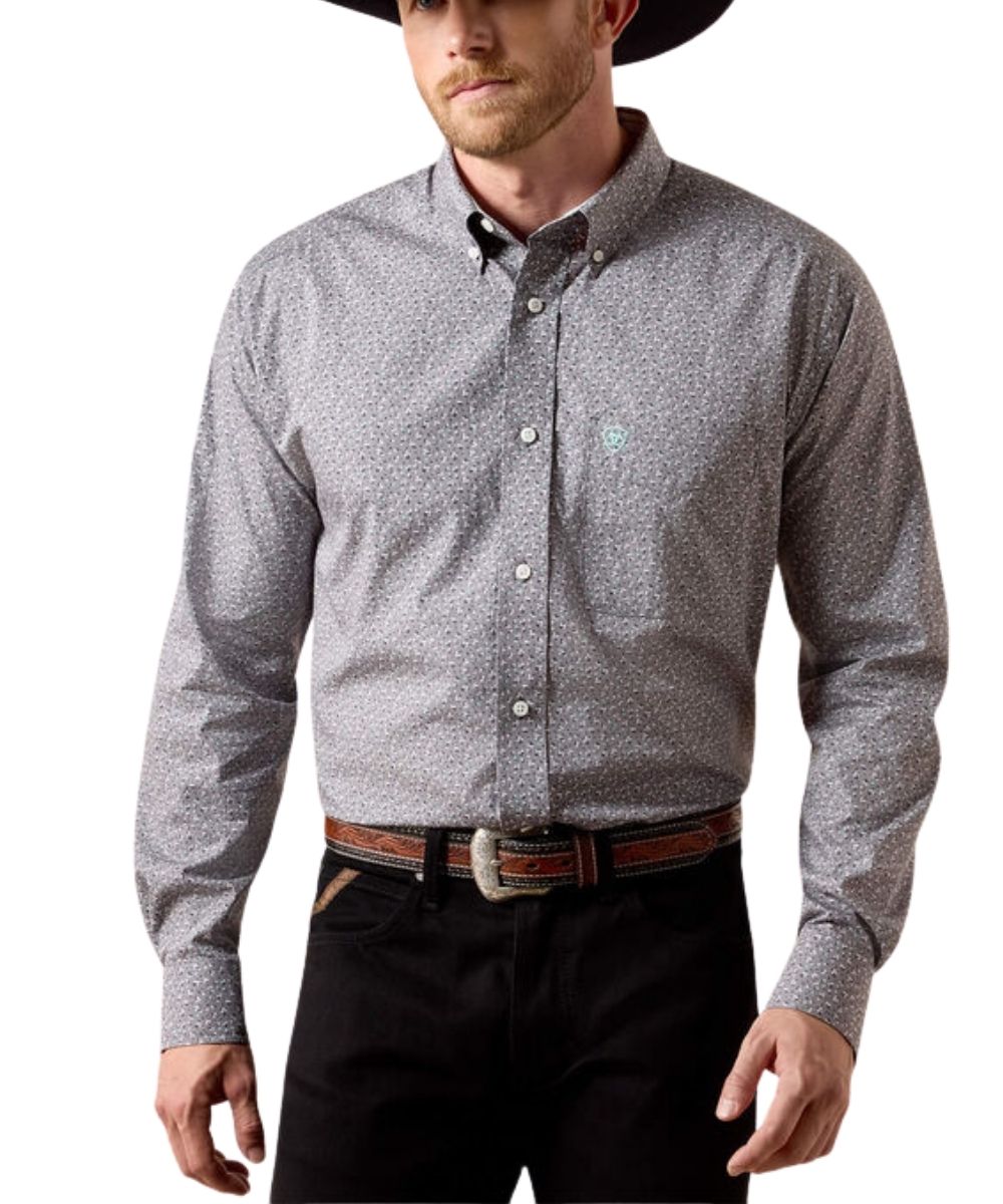 Front view of gray, black an turquoise single pocket long sleeve button down Ariat Webb shirt
