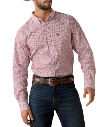 Men's Leaf Print Rhubarb/Red Long Sleeve Button Down Shirt
