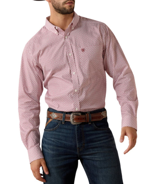 Men's Leaf Print Rhubarb/Red Long Sleeve Button Down Shirt